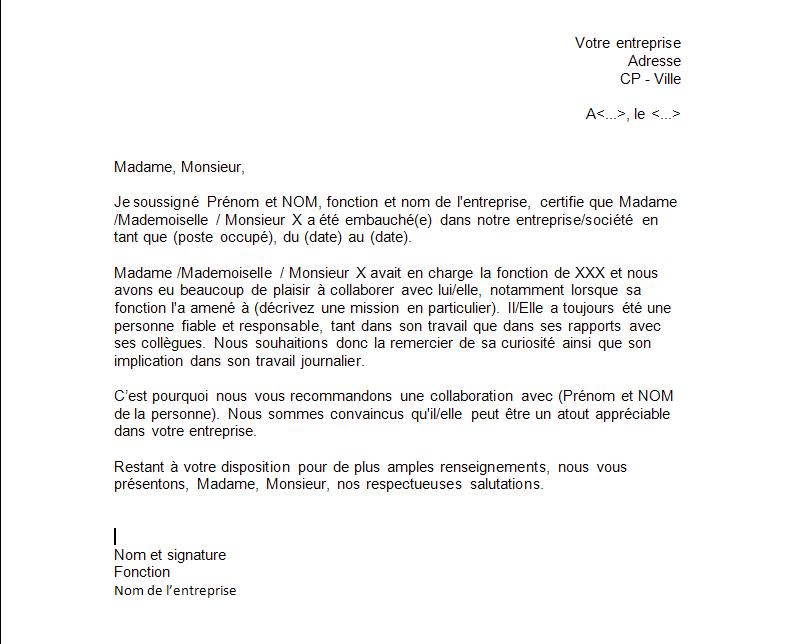 exemple de lettre de recommandation