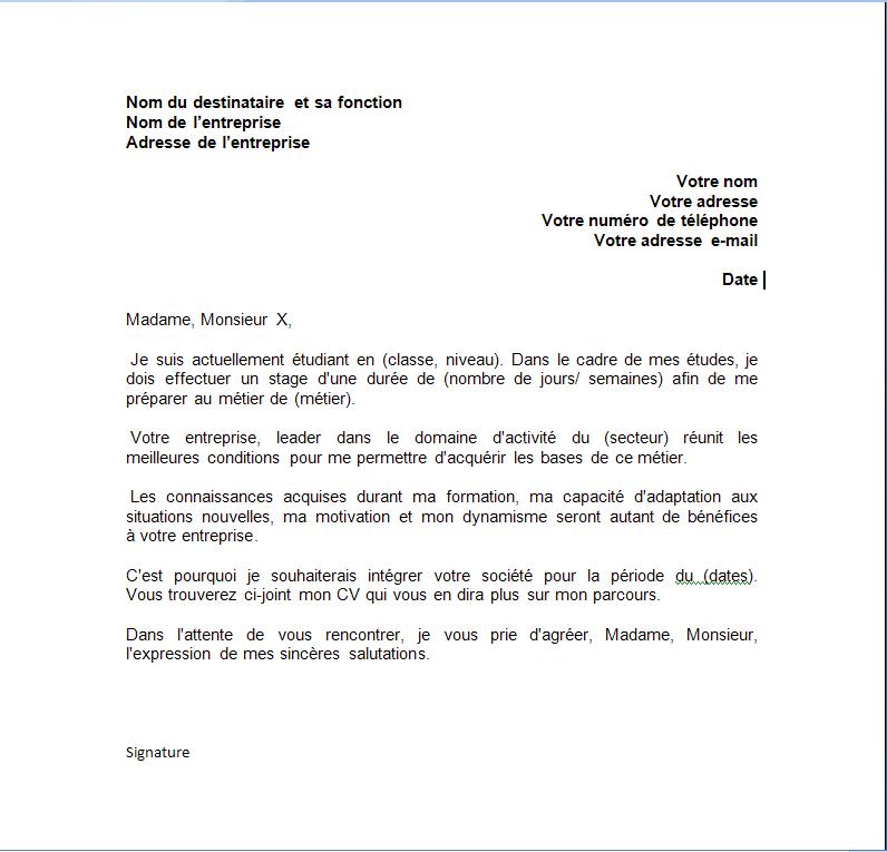 exemple de lettre pour un stage