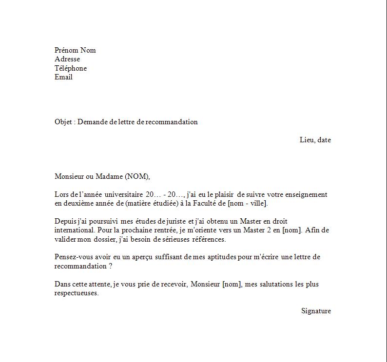 Exemple de demande de lettre de recommandation  Exemples 