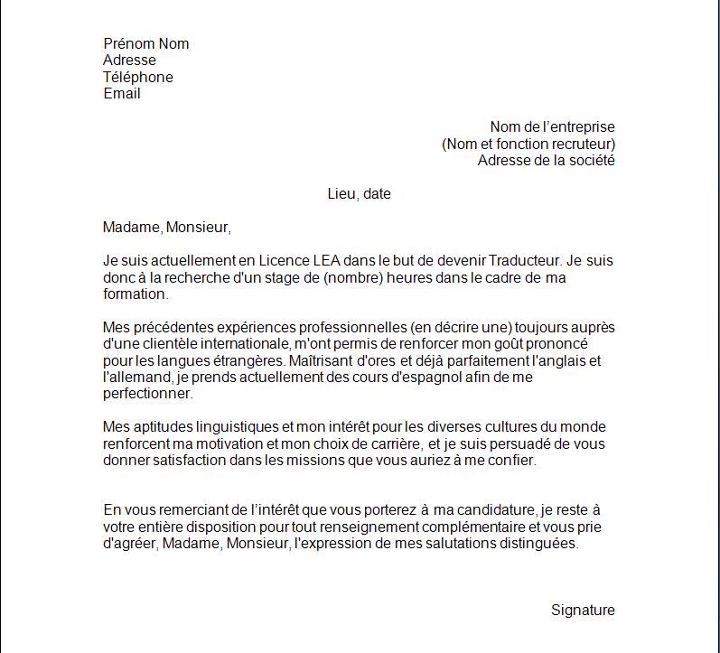 exemple de lettre pour un stage