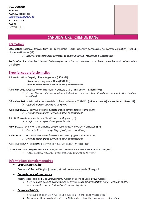 Exemple de CV : chef de rang : Exemples de CV