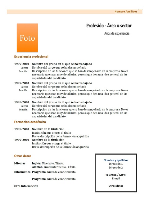 Exemple de CV crónologico en espagnol : modèle 1 - orange 