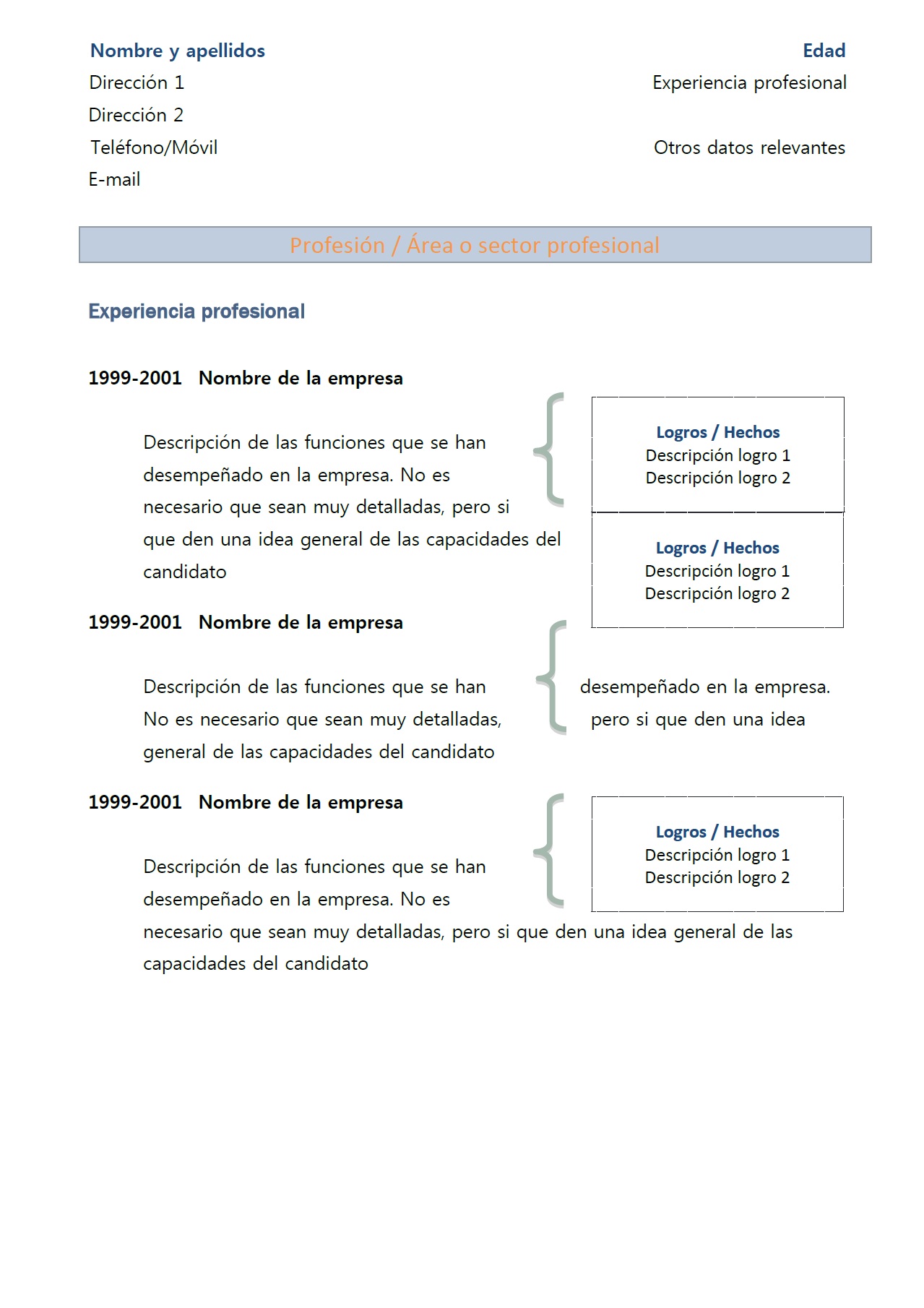 Exemple de CV crónologico en espagnol : modèle 2 – bleu 