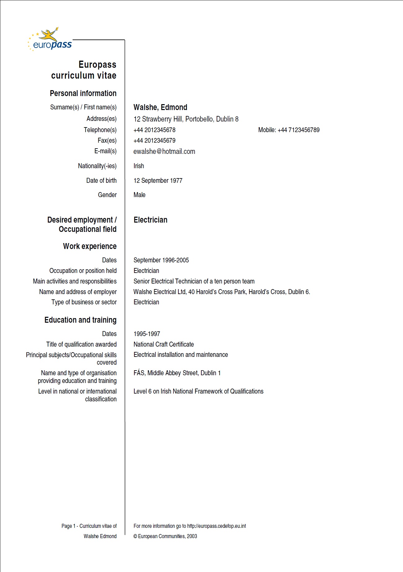 Exemple de CV Europass d'électricien en anglais : Exemples 