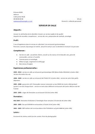 Exemple de CV : serveur  serveuse Modèle de CV : serveur 