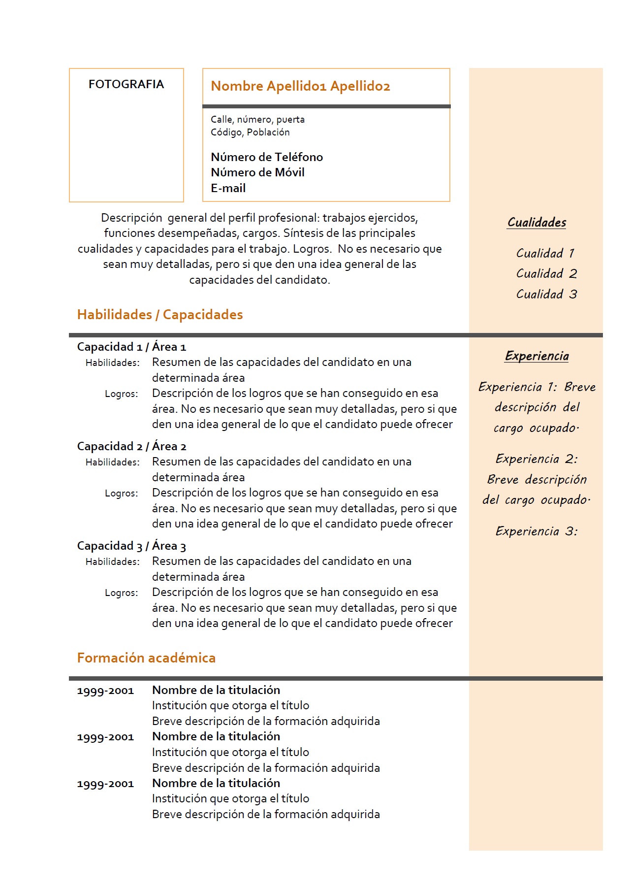 Exemple de CV combinado en espagnol : modèle 2 – orange 