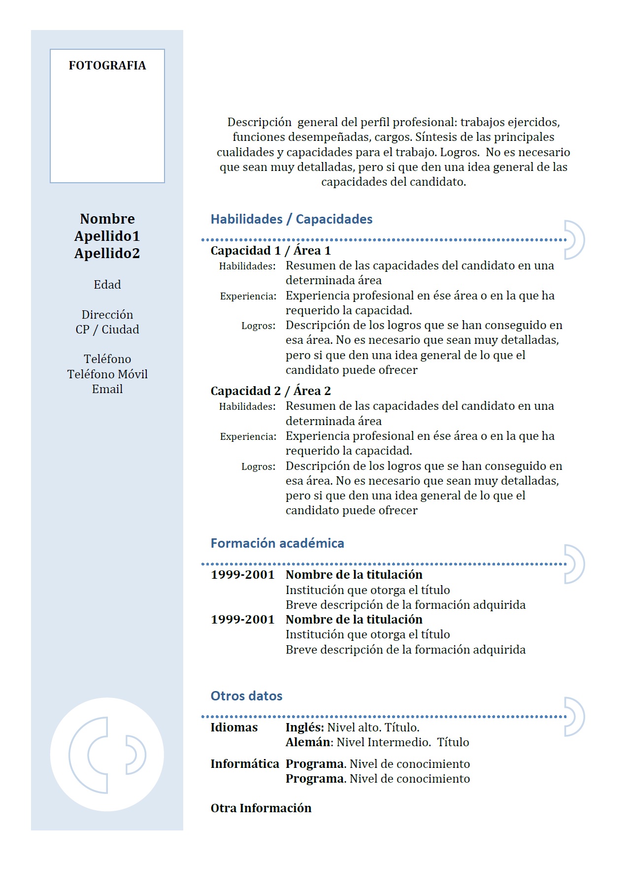 Exemple de CV funcional en espagnol : modèle 1 – bleu 