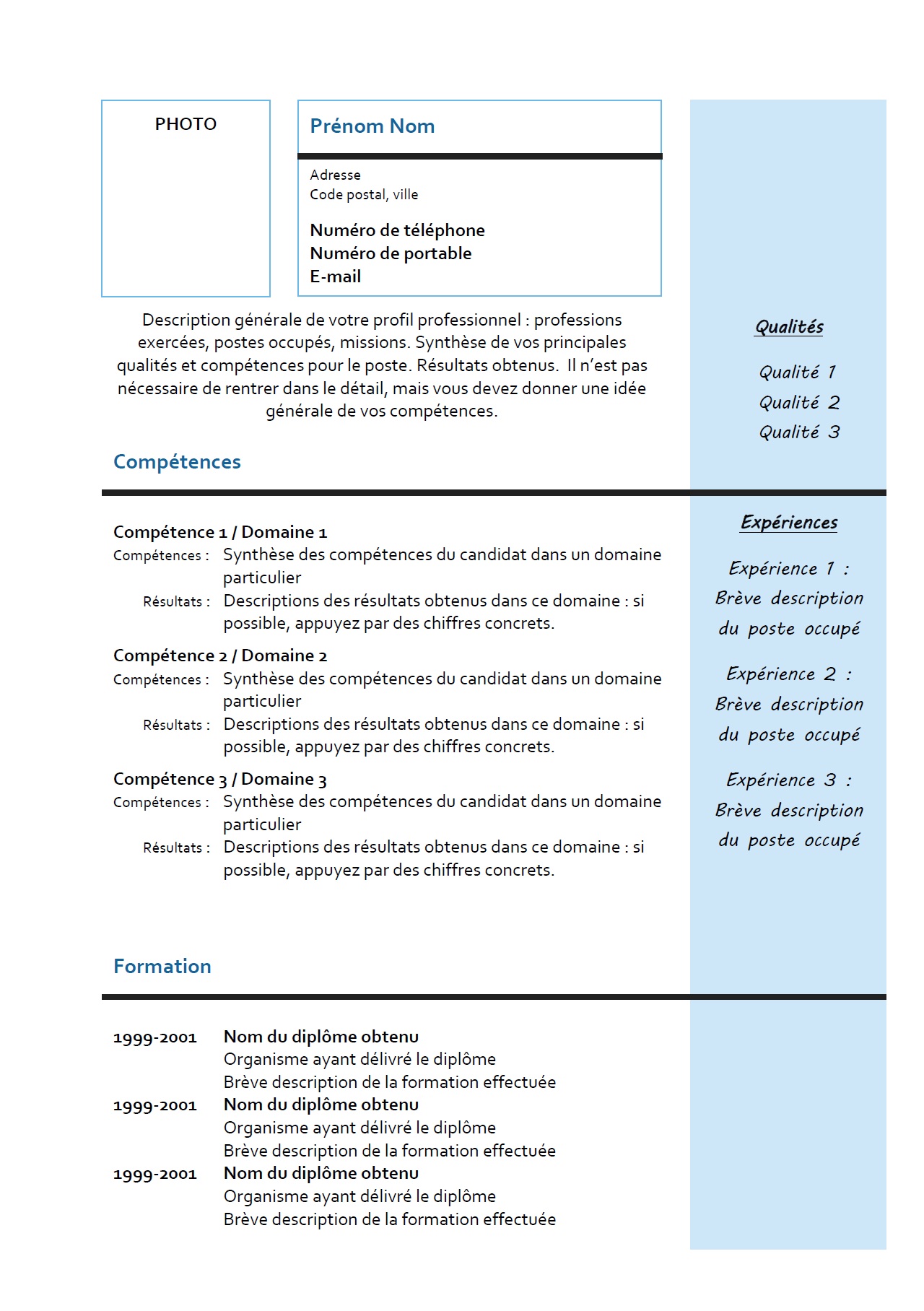 Modèle de CV mixte nº2 – bleu : Exemples de CV