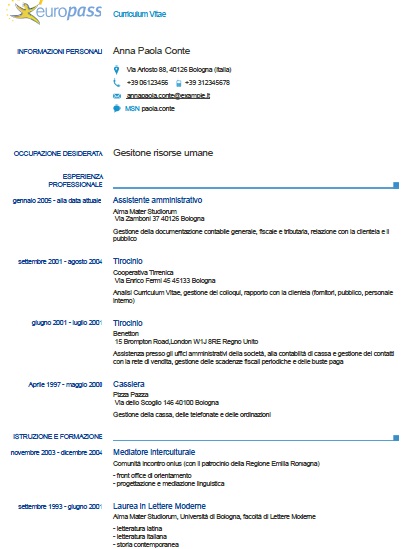 Modèle de CV Europass en italien : Exemples de CV