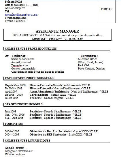 Exemple de CV BTS : Exemples de CV