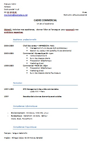 Exemple de CV: Cadre commercial : Exemples de CV