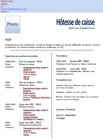 Exemple de CV: Hôtesse de caisse : Exemples de CV