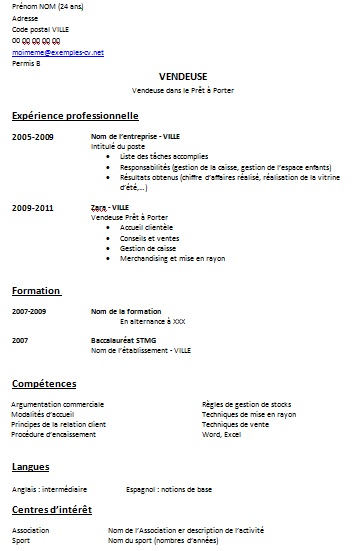 Exemple de CV: VendeurVendeuse : Exemples de CV