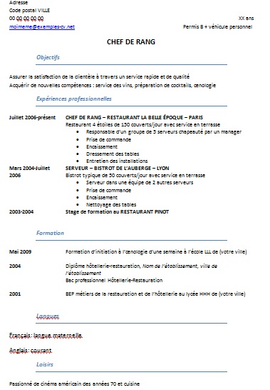 Exemple de CV: Hôtellerie restauration : Exemples de CV