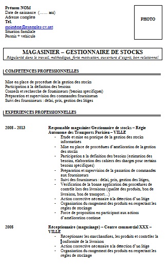 Exemple de CV: Magasinier : Exemples de CV