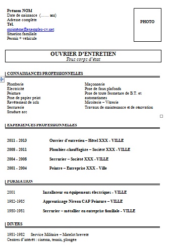 Exemple de CV: Ouvrier : Exemples de CV