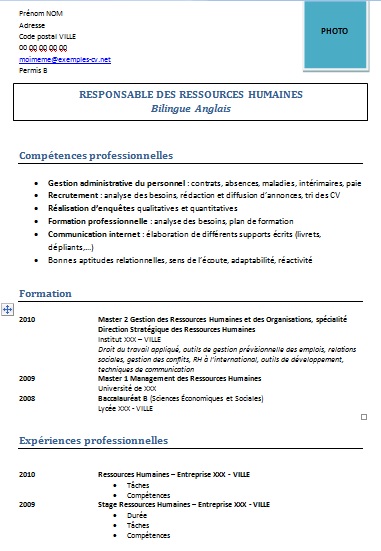 Exemple de cv: Ressources Humaines  RH : Exemples de CV