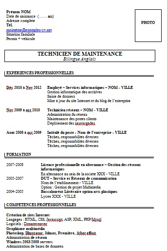 Exemple de CV : technicien  Modèle de CV technicien 