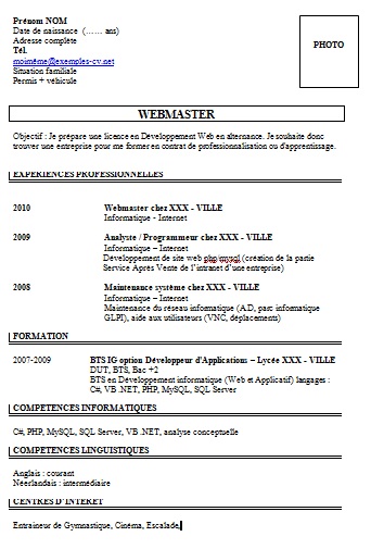 Exemple de CV: Webmaster : Exemples de CV